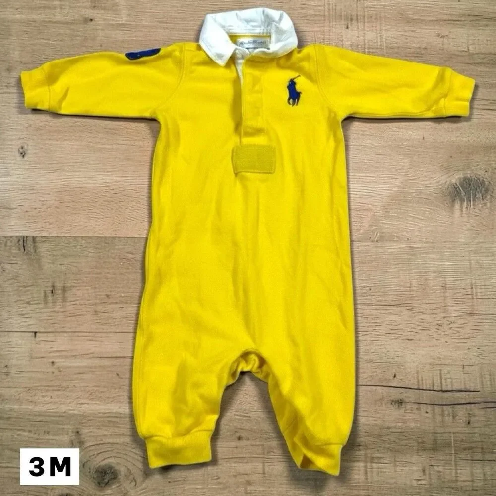 Vintage Ralph Lauren #3 Big Pony Yellow Baby Polo Shirt Romper Size 3 Months Y2K